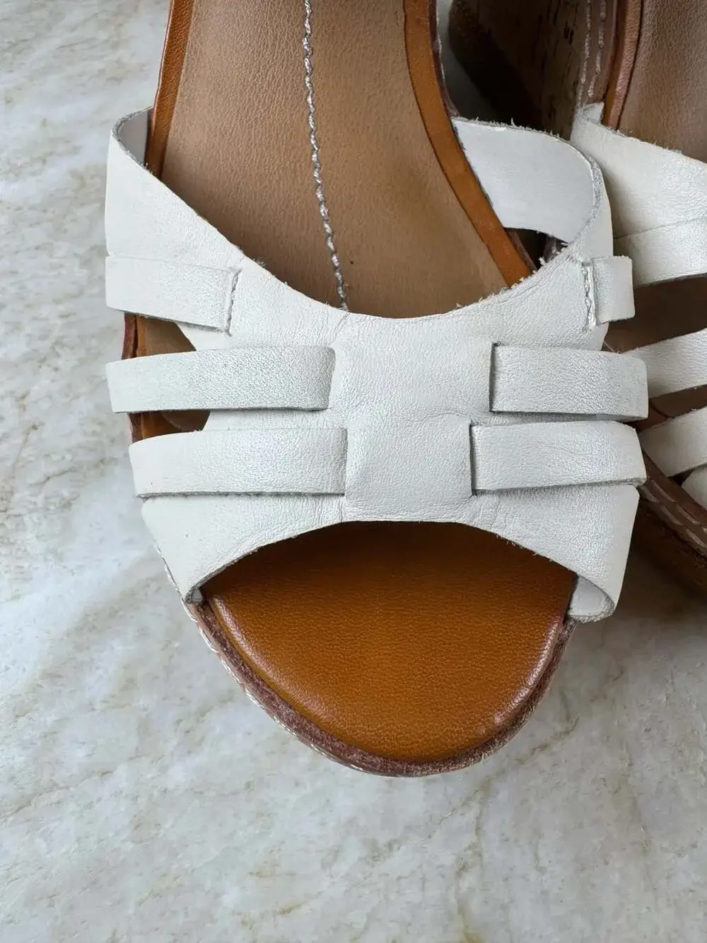 DV Dolce Vita Jaslyn Leather Cork Wedge Platform Sandals Tan White Womens 8.5